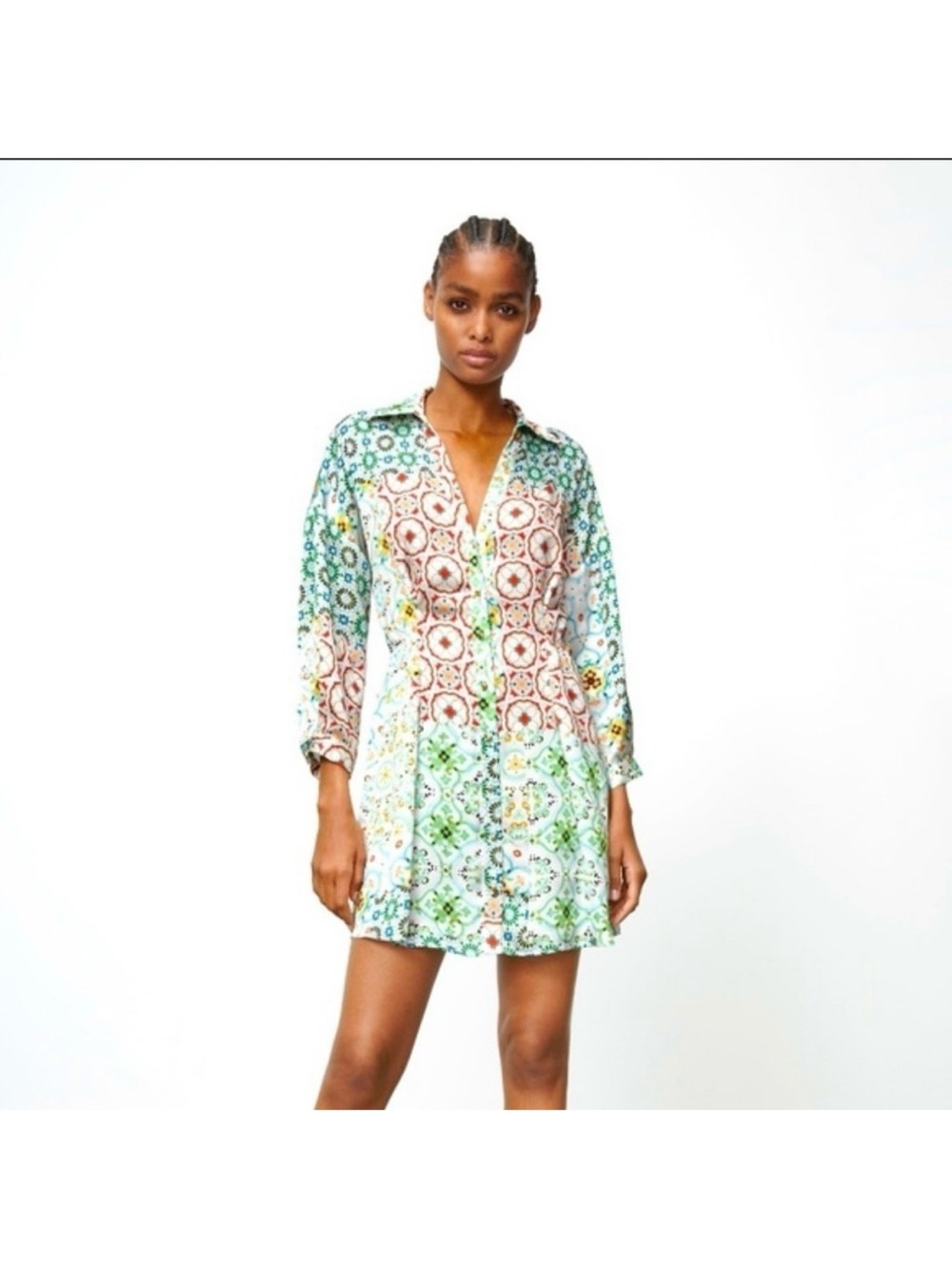 Zara Mixed Print Shirt Dress Mini Multicolor Floral Geometric Button Front XL - Picture 6 of 8